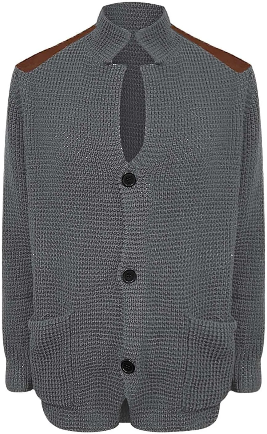 Men's Cable Knit Cardigan Sweater Western Vintage Button-Up Casual Chunky Thermal Sweatshirt Coats with Elbow Patches
