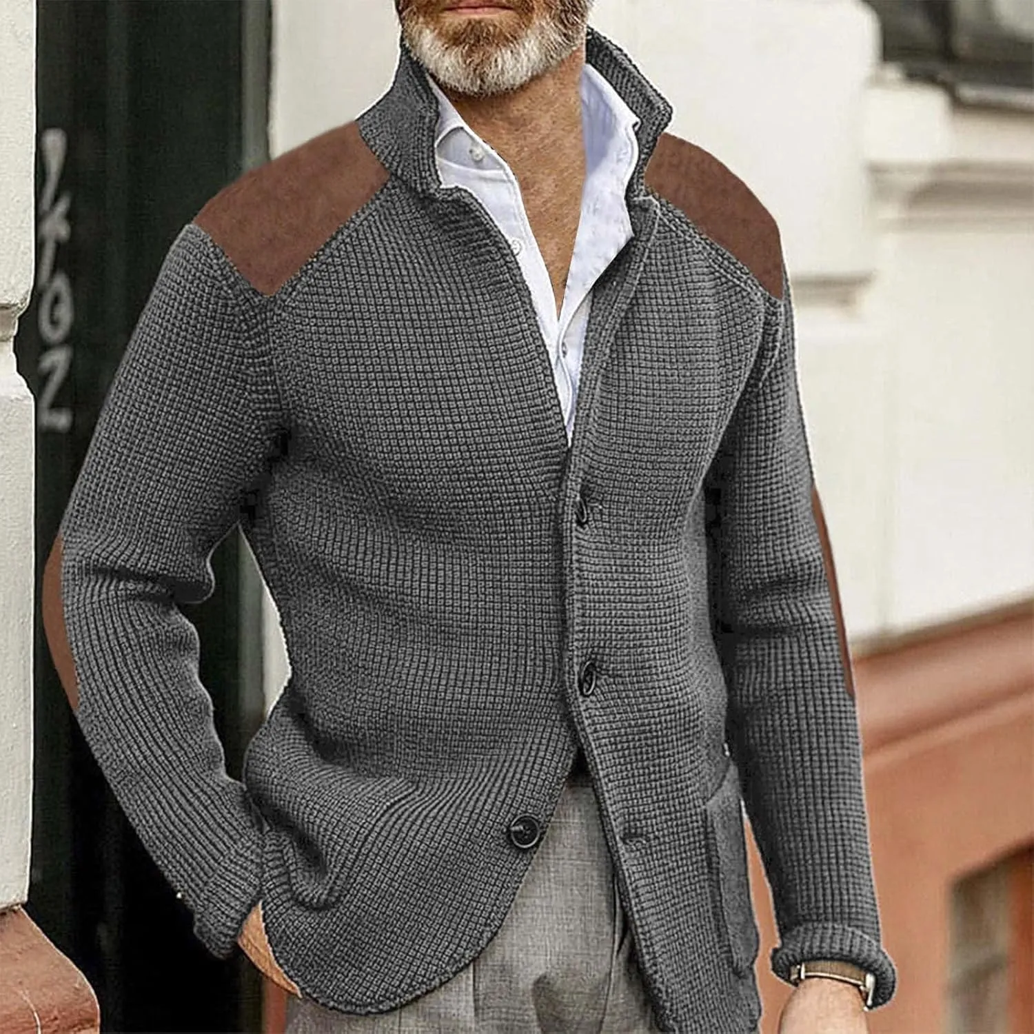 Men's Cable Knit Cardigan Sweater Western Vintage Button-Up Casual Chunky Thermal Sweatshirt Coats with Elbow Patches