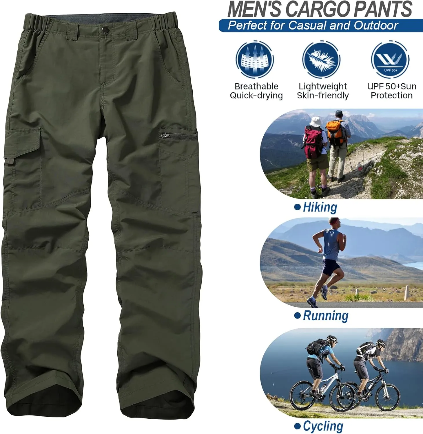 Mens Hiking Pants Quick Dry UPF 50 Travel Fishing Safari Cargo Pants Boy Scout Pants