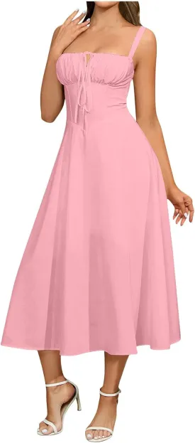 Milk Maid Dress for Women Floral Corset Flowy Slit Dresses Summer Boho Spaghetti Straps Square Neck Long Dress