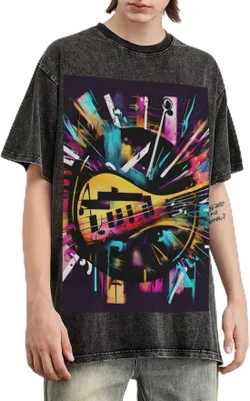 Music Graffiti Style Print Men's Oversized Cotton T-Shirts Loose Fit Vintage Washed Tee Unisex Short Sleeve Shirts