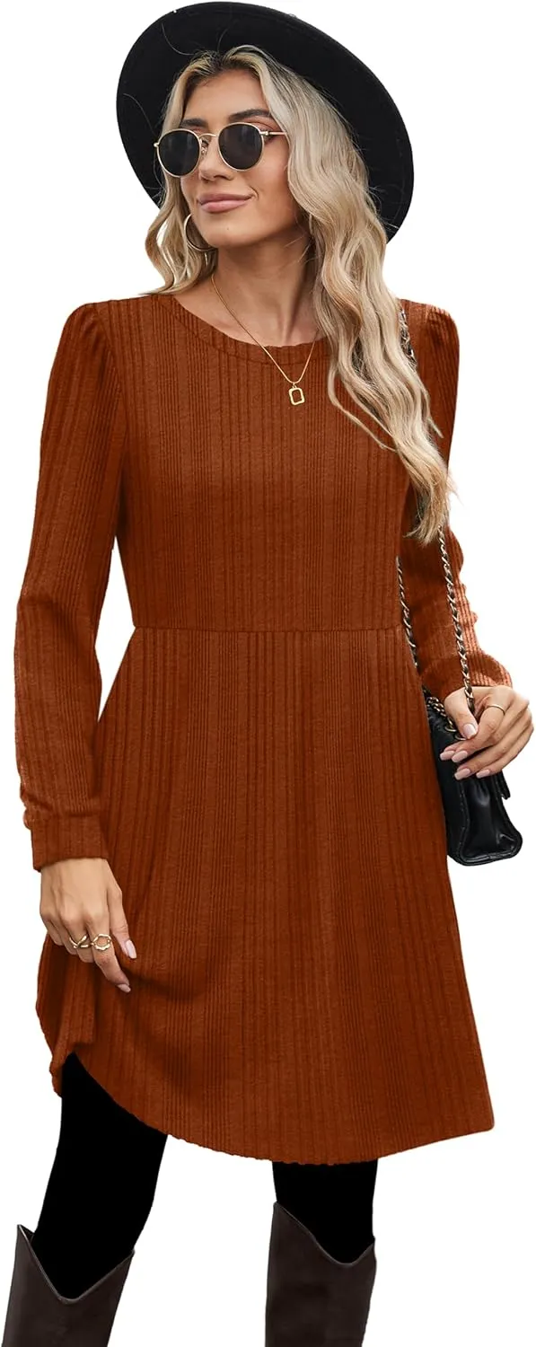 OFEEFAN Womens Fall Dresses Crew Neck Long Sleeve Winter Knit Sweater Dress 2024