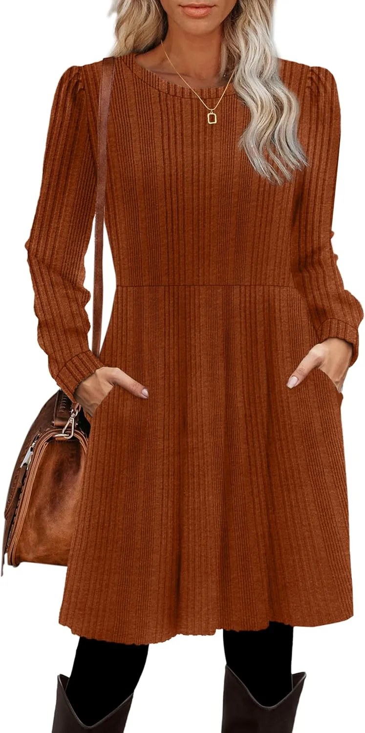 OFEEFAN Womens Fall Dresses Crew Neck Long Sleeve Winter Knit Sweater Dress 2024