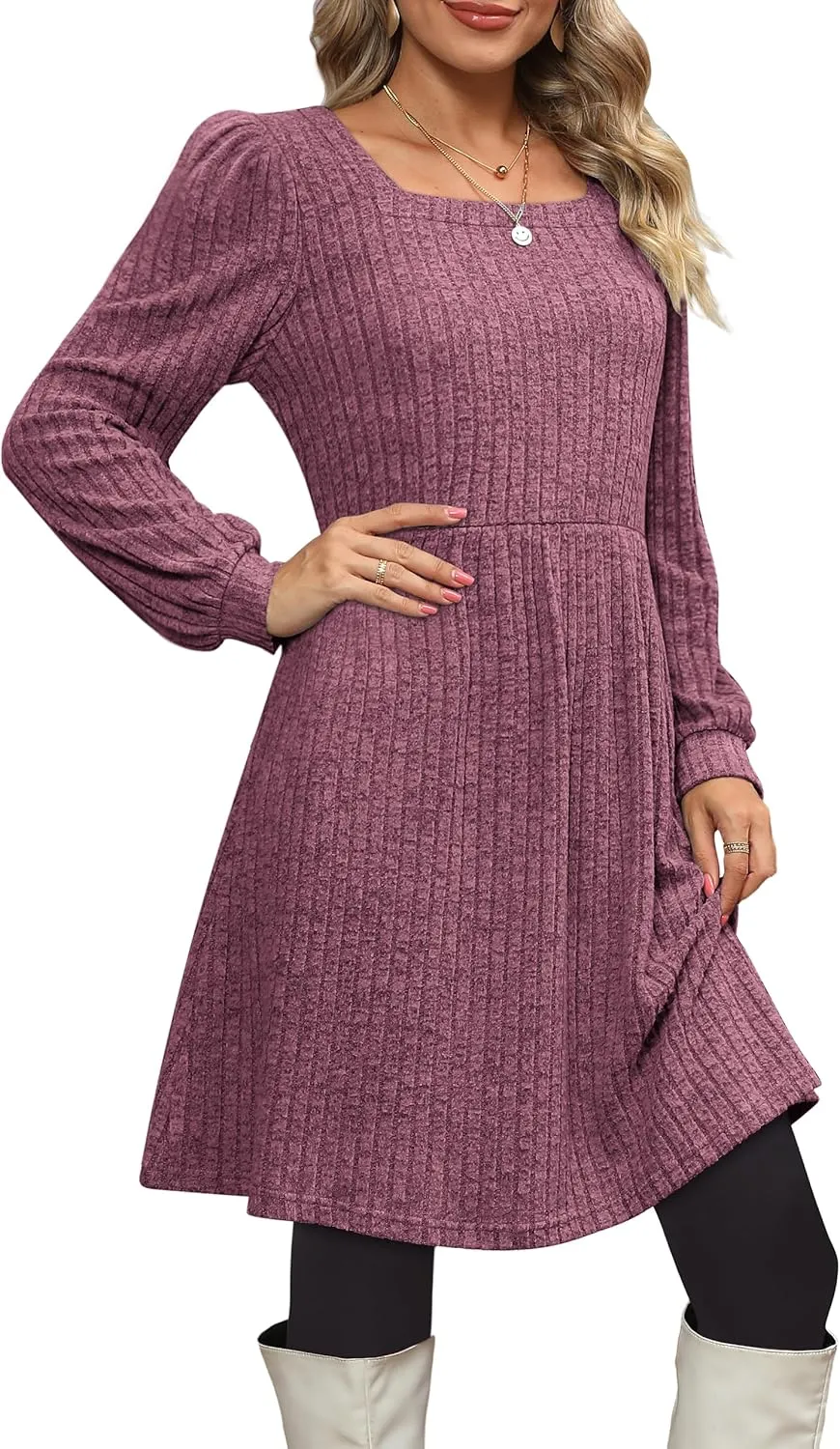 OFEEFAN Womens Knit Sweater Dress with Pockets Square Neck Long Sleeve Dresses