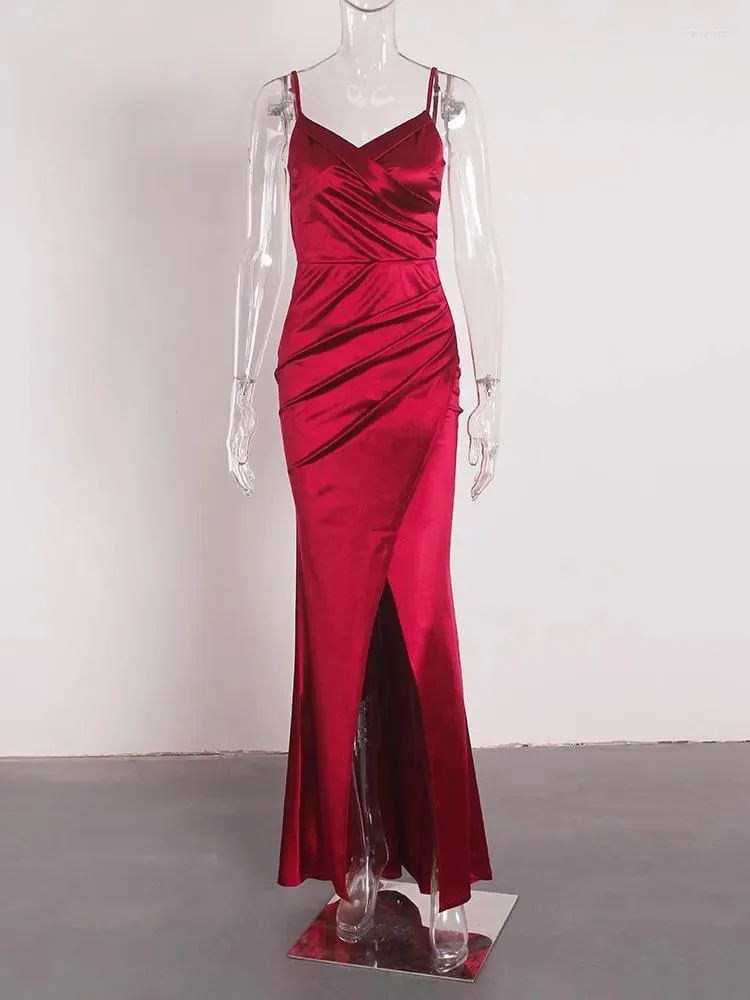 Party Dresses Spring Spaghetti Strap Women Cocktail V Neck Pleated Stretch Satin Sexy Backless Slit Evening Prom Dress