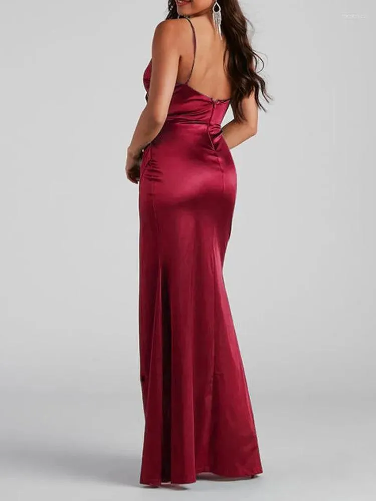 Party Dresses Spring Spaghetti Strap Women Cocktail V Neck Pleated Stretch Satin Sexy Backless Slit Evening Prom Dress