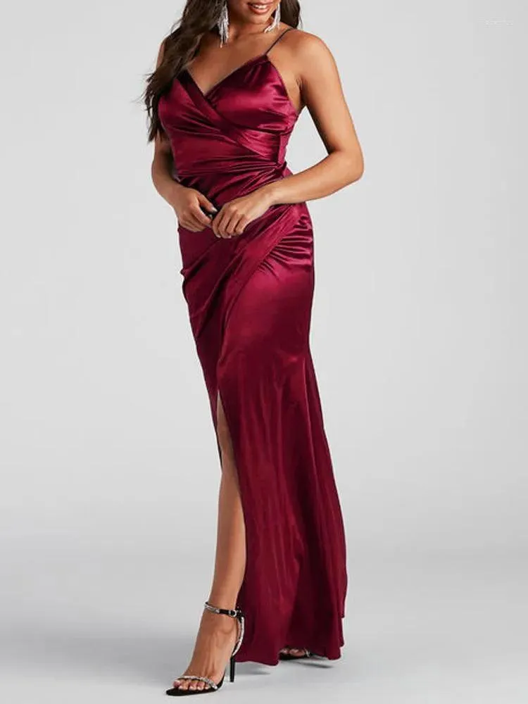 Party Dresses Spring Spaghetti Strap Women Cocktail V Neck Pleated Stretch Satin Sexy Backless Slit Evening Prom Dress