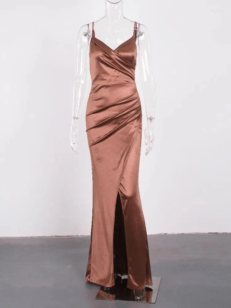 Party Dresses Spring Spaghetti Strap Women Cocktail V Neck Pleated Stretch Satin Sexy Backless Slit Evening Prom Dress