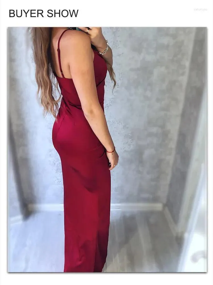 Party Dresses Spring Spaghetti Strap Women Cocktail V Neck Pleated Stretch Satin Sexy Backless Slit Evening Prom Dress
