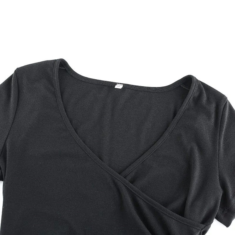 Sexy Cross Bandage V Neck Knitted Crop Top Solid Lace Up Wrap Tees