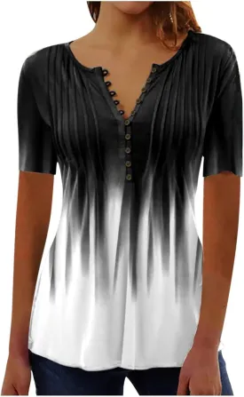 SHAOBGE Summer Tops for Women 2025 Trendy Boho Floral Print Tunic Shirt Short Sleeve Button v Neck Tshirt Casual Loose Blouse