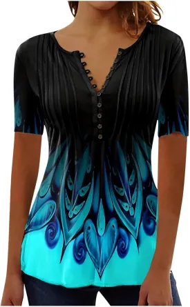 SHAOBGE Summer Tops for Women 2025 Trendy Boho Floral Print Tunic Shirt Short Sleeve Button v Neck Tshirt Casual Loose Blouse