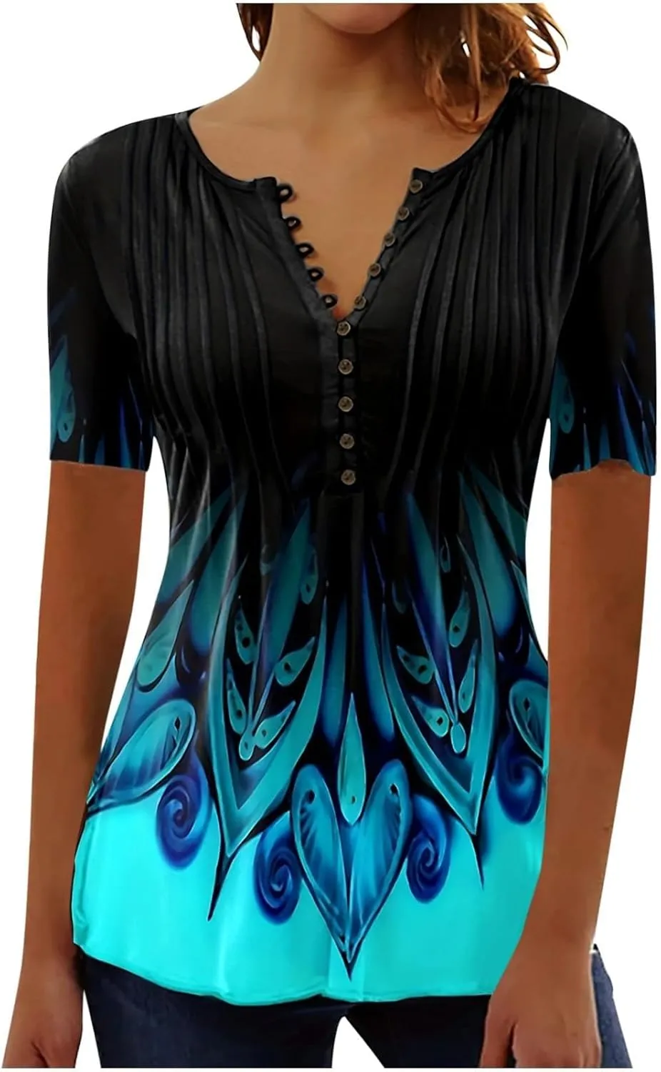 SHAOBGE Summer Tops for Women 2025 Trendy Boho Floral Print Tunic Shirt Short Sleeve Button v Neck Tshirt Casual Loose Blouse