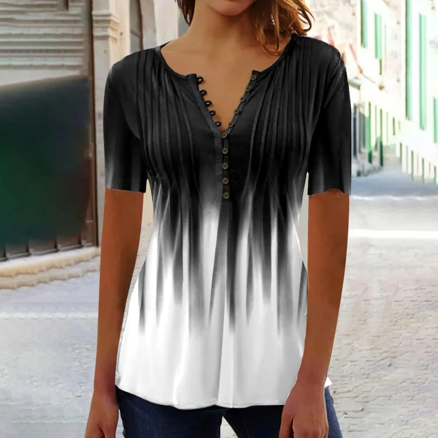 SHAOBGE Summer Tops for Women 2025 Trendy Boho Floral Print Tunic Shirt Short Sleeve Button v Neck Tshirt Casual Loose Blouse