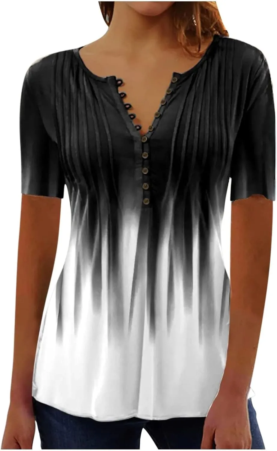 SHAOBGE Summer Tops for Women 2025 Trendy Boho Floral Print Tunic Shirt Short Sleeve Button v Neck Tshirt Casual Loose Blouse