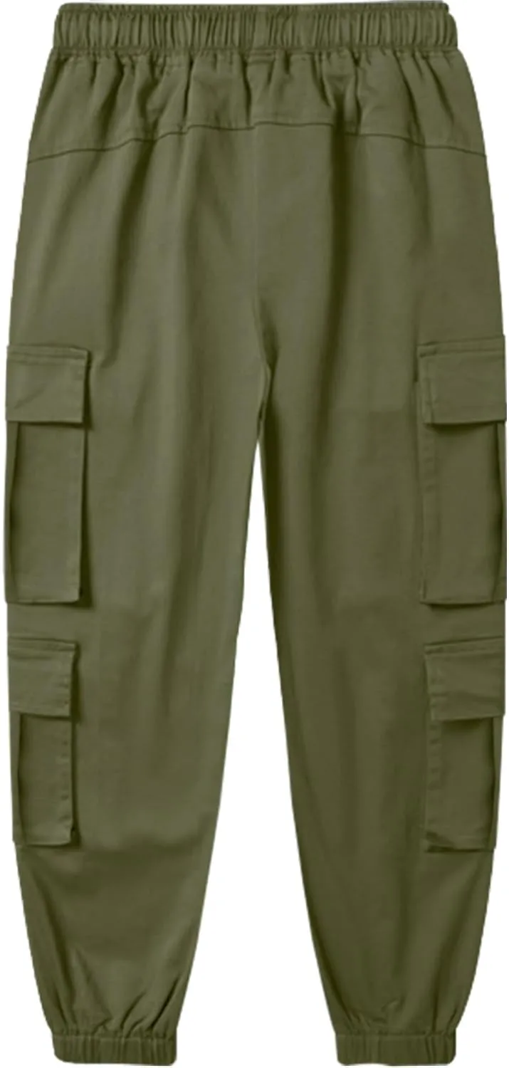 SHOOYING Boy's Cargo Pants Cotton Casual Elastic Joggers Trousers, 6-14 Years