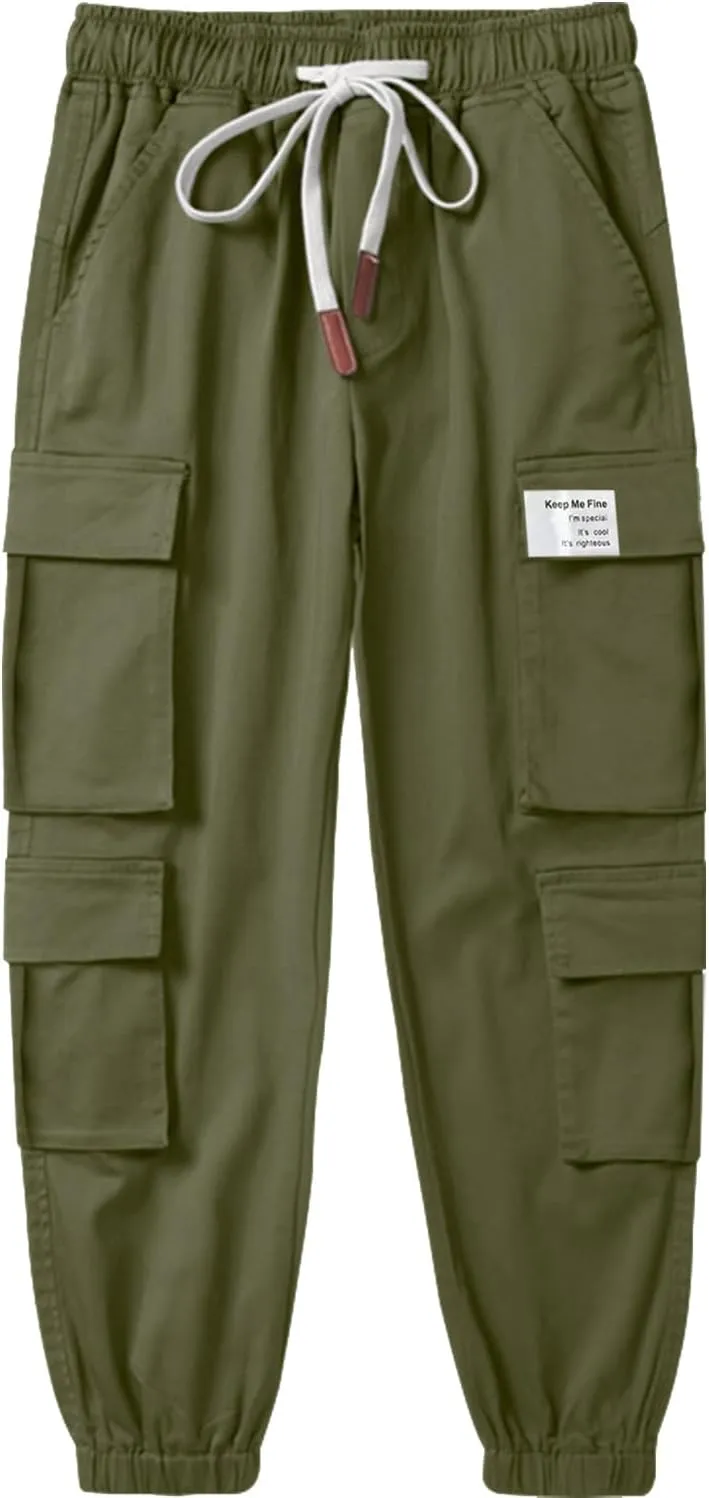 SHOOYING Boy's Cargo Pants Cotton Casual Elastic Joggers Trousers, 6-14 Years