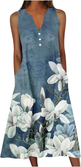 SMIDOW Womens Summer Casual Dress Fashion Floral Printed Elegant Sleeveless V-Neck Long Dress with Pockets