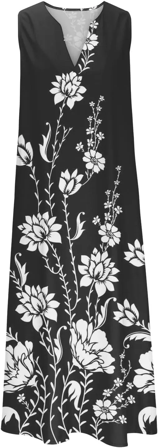 SMIDOW Womens Summer Casual Dress Fashion Floral Printed Elegant Sleeveless V-Neck Long Dress with Pockets