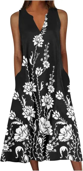 SMIDOW Womens Summer Casual Dress Fashion Floral Printed Elegant Sleeveless V-Neck Long Dress with Pockets
