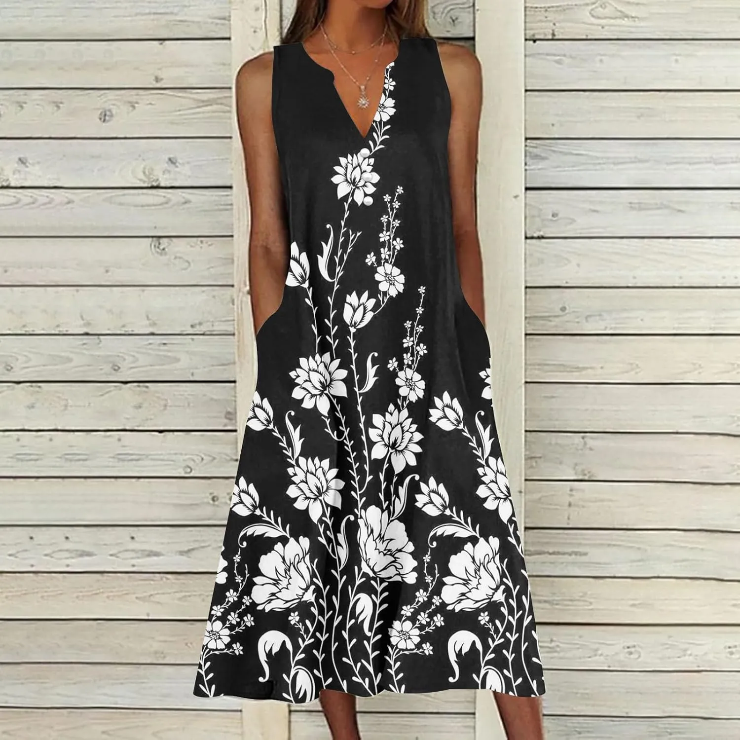 SMIDOW Womens Summer Casual Dress Fashion Floral Printed Elegant Sleeveless V-Neck Long Dress with Pockets