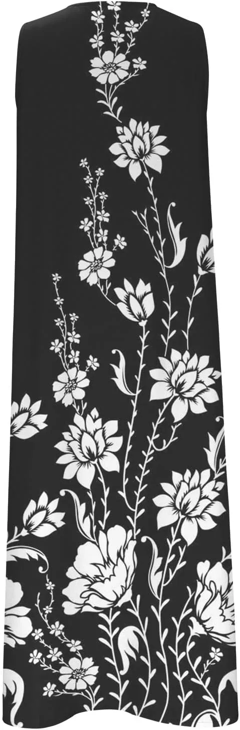 SMIDOW Womens Summer Casual Dress Fashion Floral Printed Elegant Sleeveless V-Neck Long Dress with Pockets