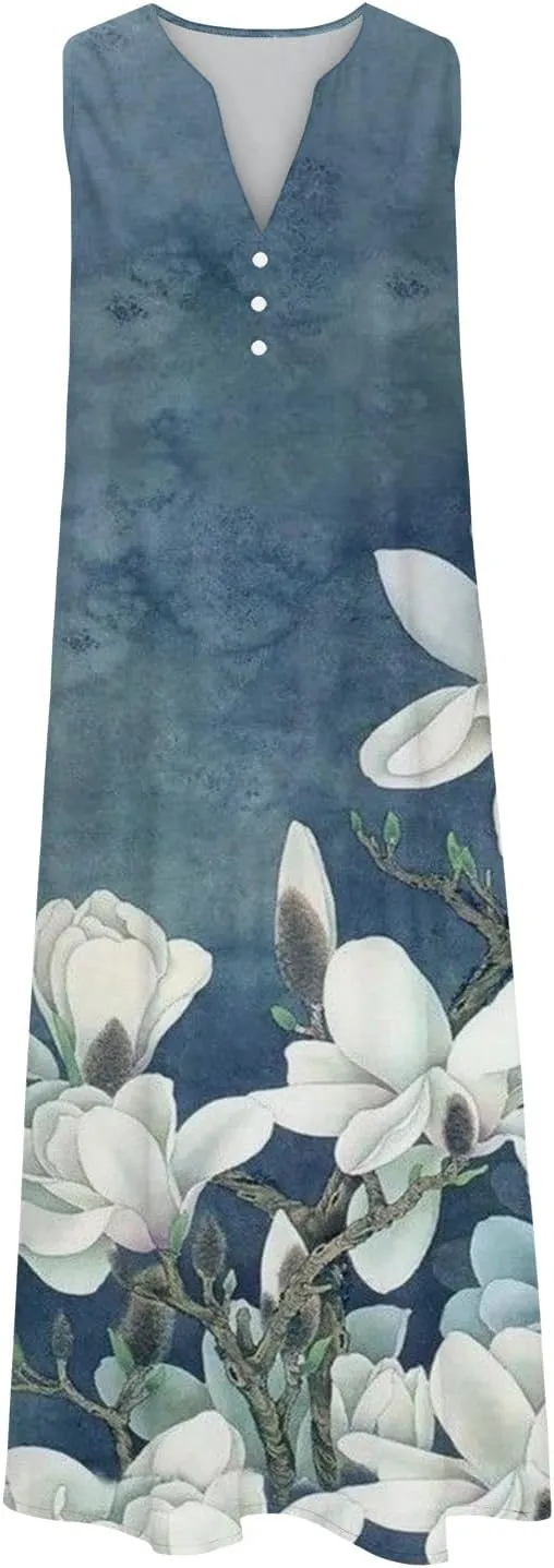 SMIDOW Womens Summer Casual Dress Fashion Floral Printed Elegant Sleeveless V-Neck Long Dress with Pockets