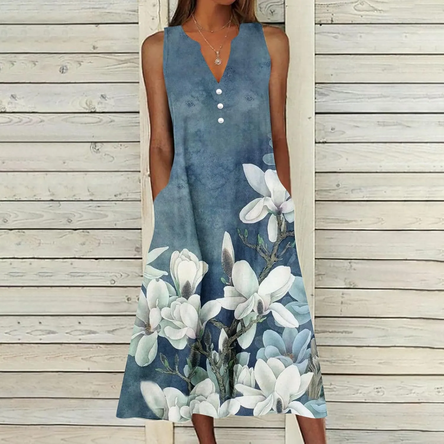 SMIDOW Womens Summer Casual Dress Fashion Floral Printed Elegant Sleeveless V-Neck Long Dress with Pockets