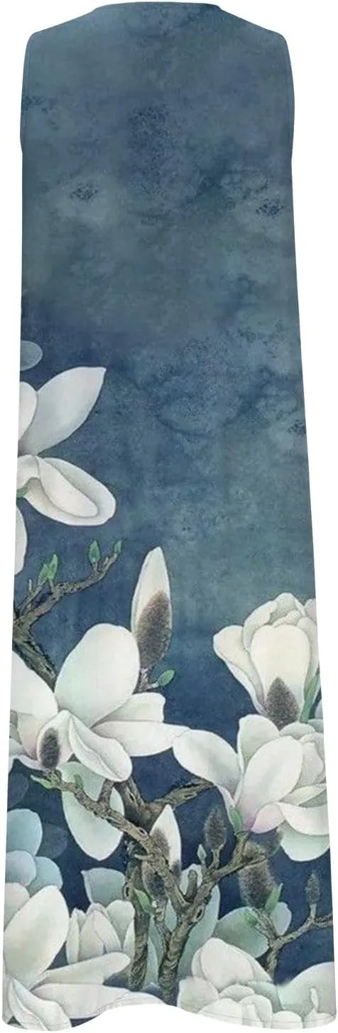 SMIDOW Womens Summer Casual Dress Fashion Floral Printed Elegant Sleeveless V-Neck Long Dress with Pockets