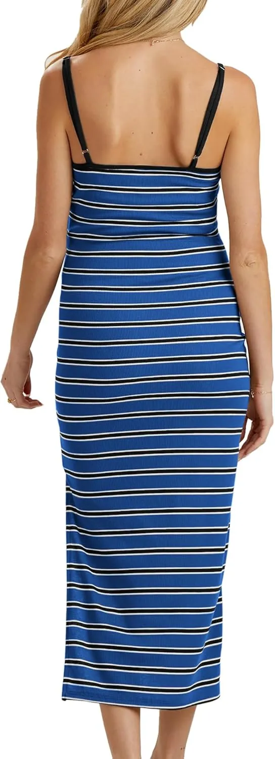 Split Maternity Dress Knit Sleeveless Bodycon Midi Dress for Baby Shower/Photoshoot