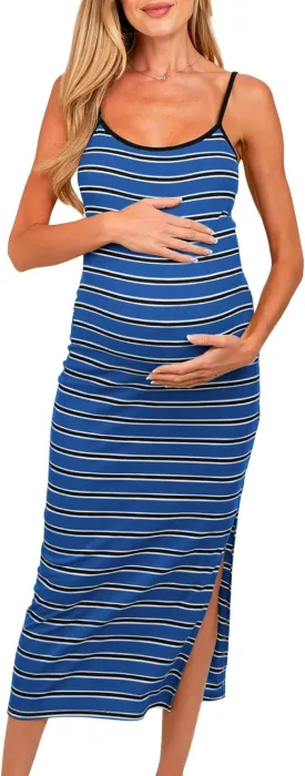 Split Maternity Dress Knit Sleeveless Bodycon Midi Dress for Baby Shower/Photoshoot