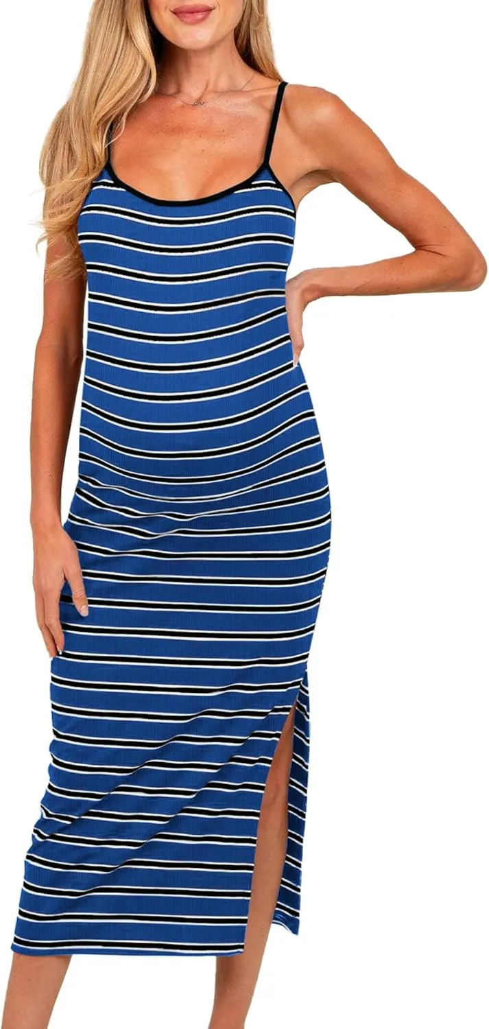Split Maternity Dress Knit Sleeveless Bodycon Midi Dress for Baby Shower/Photoshoot