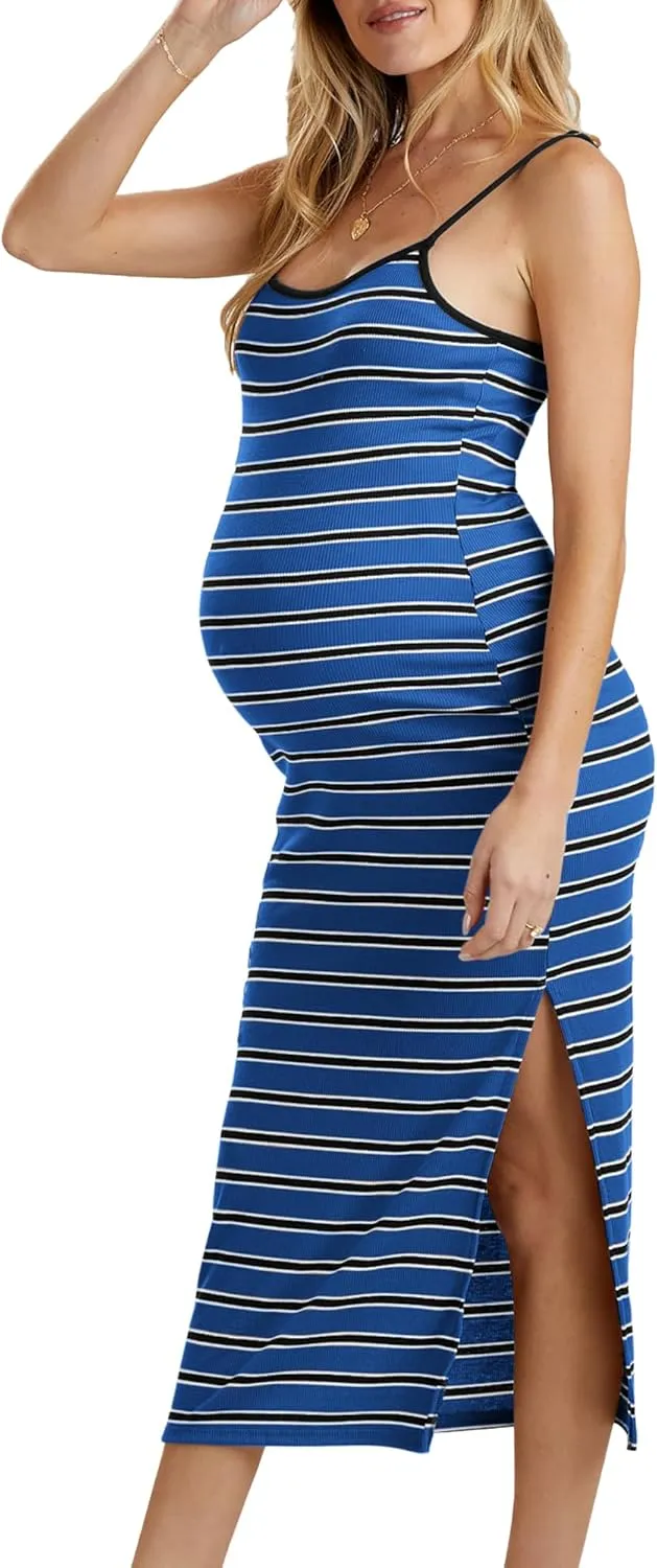 Split Maternity Dress Knit Sleeveless Bodycon Midi Dress for Baby Shower/Photoshoot