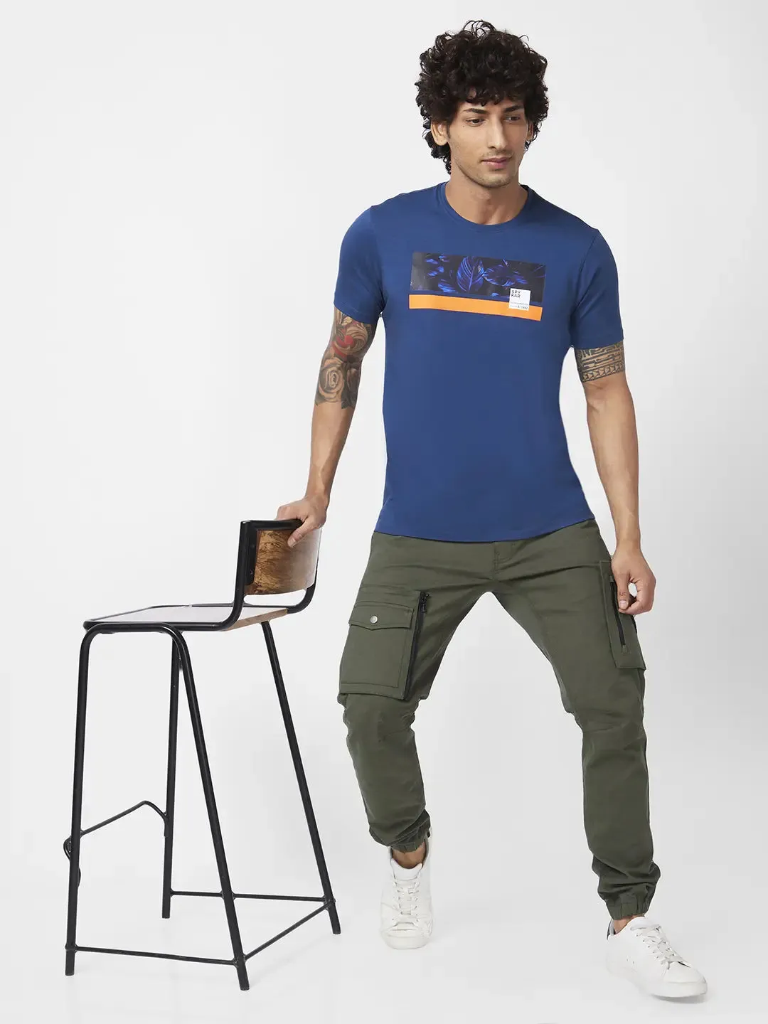 Spykar Men Teal Blue Blended Slim Fit Half Sleeve Round Neck Printed Tshirt