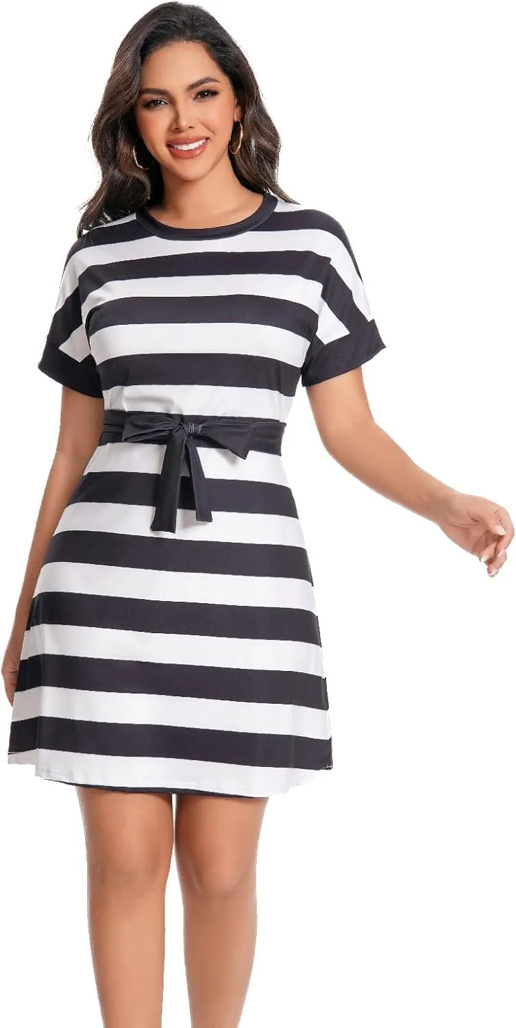 Summer Vacation Dresses for Women 2025 Crewneck Cap Short Sleeve with Belts