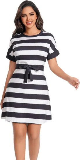 Summer Vacation Dresses for Women 2025 Crewneck Cap Short Sleeve with Belts