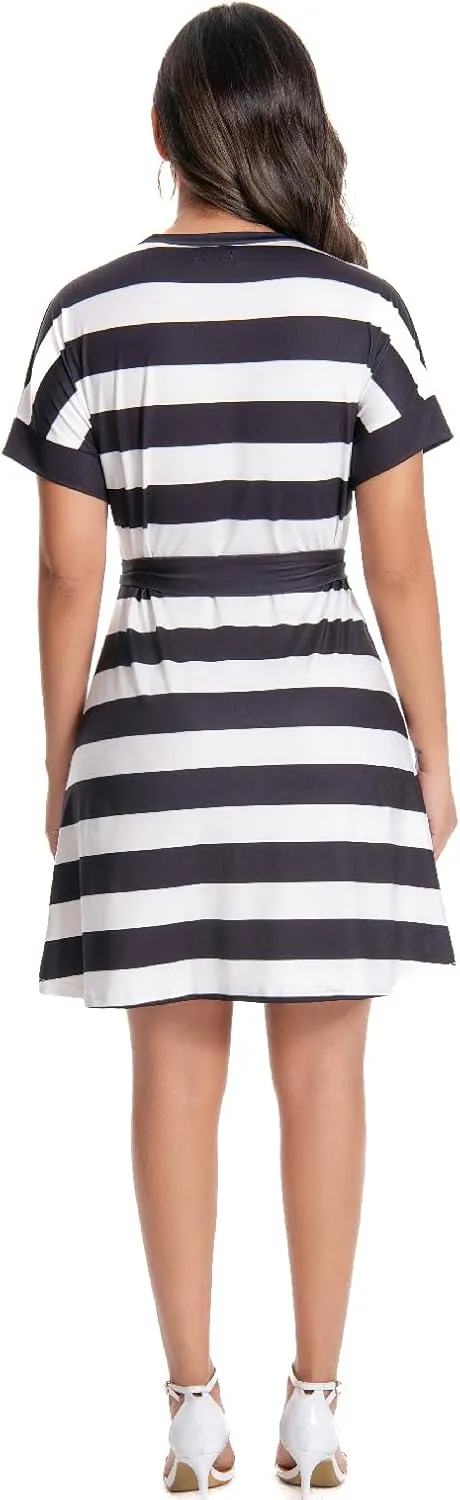 Summer Vacation Dresses for Women 2025 Crewneck Cap Short Sleeve with Belts
