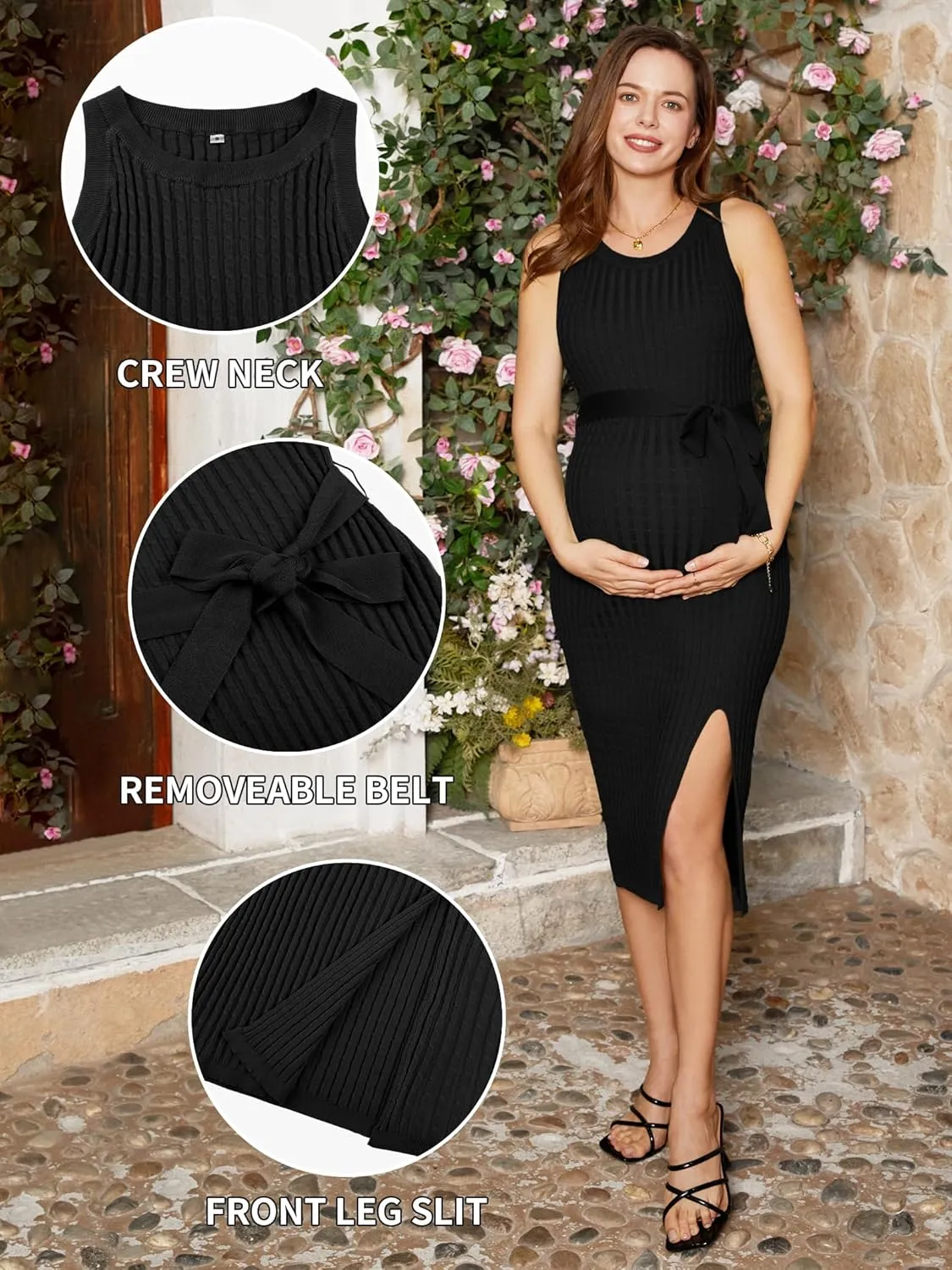 V FOR CITY Maternity Dress for Baby Shower Cable Knit Slit Pregnancy Dresses Casual Sleeveless Bodycon Pregnant Clothes