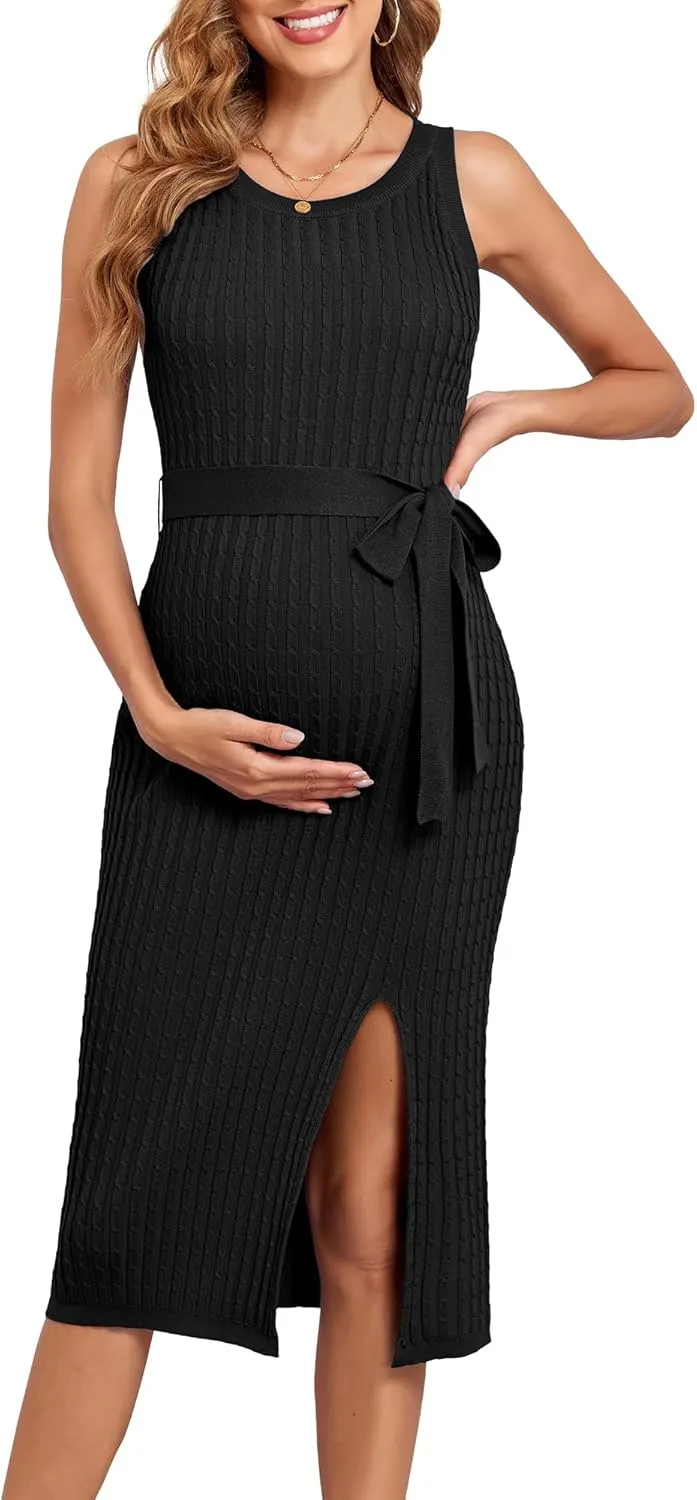V FOR CITY Maternity Dress for Baby Shower Cable Knit Slit Pregnancy Dresses Casual Sleeveless Bodycon Pregnant Clothes