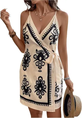 Verdusa Women's Satin Graphic Bow Tie Mini Wrap Dress Backless Spaghetti Strap Dresses