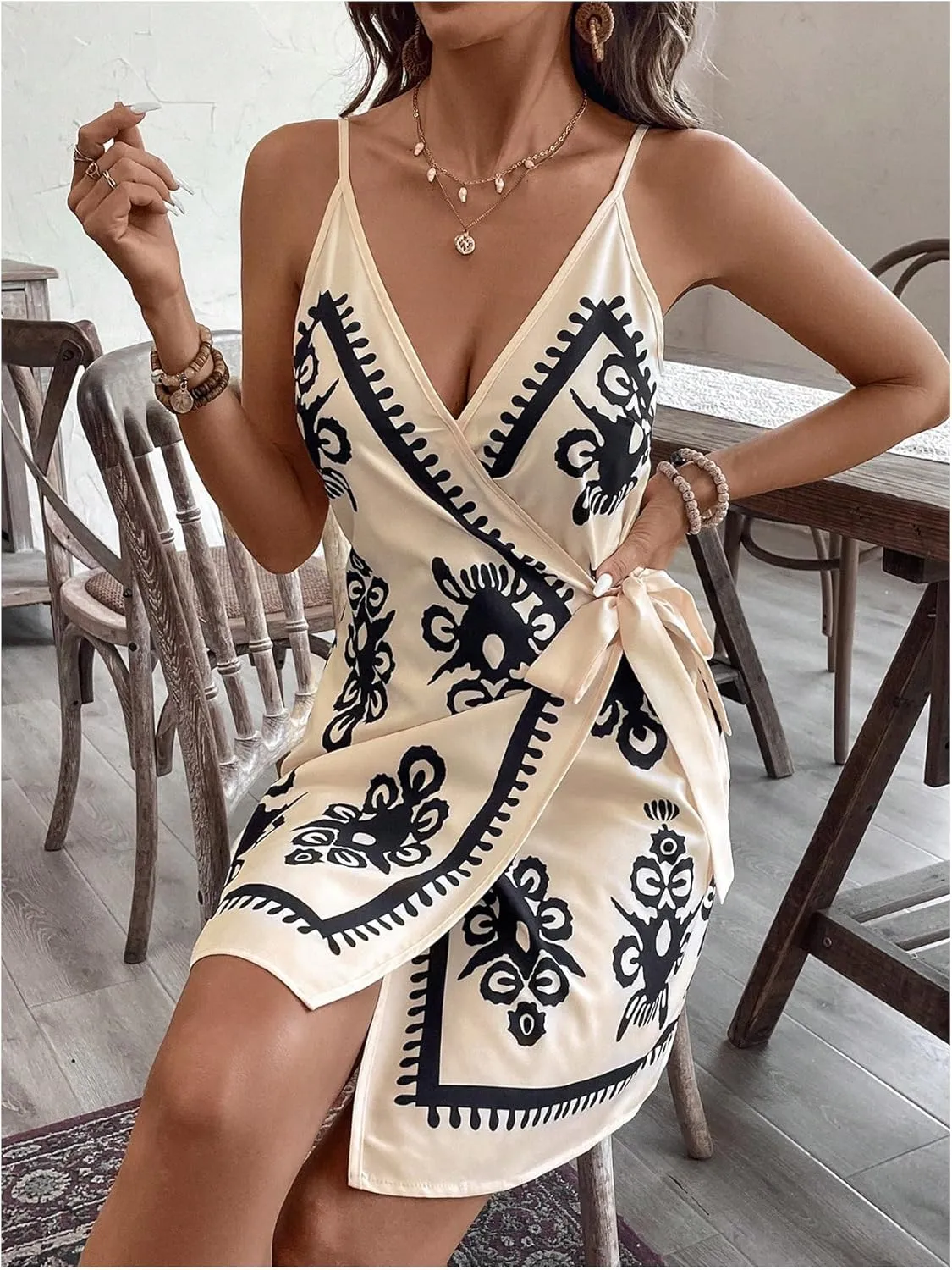 Verdusa Women's Satin Graphic Bow Tie Mini Wrap Dress Backless Spaghetti Strap Dresses