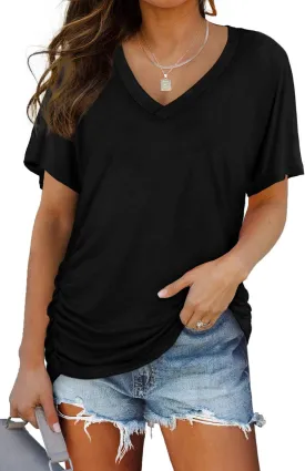 WIHOLL Womens Short Sleeve V Neck Dolman Tops with Side Shirring Loose Fit Shirts
