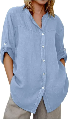 Women Denim Shirts Chambray Casual V Neck Collared Jean Western Blouses Oversized Long Sleeve Button Down Tops