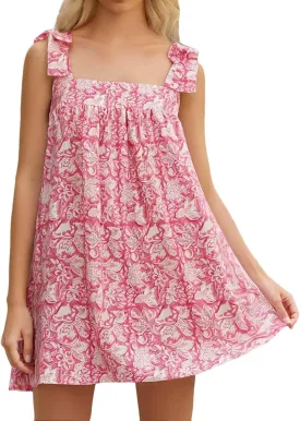Women Floral Tie Shoulder Mini Dress Summer Cute Square Neck Loose Beach Short Dress Backless Boho Vocation Sundress