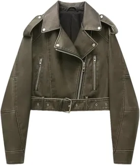 Women Notch Lapel Collar Short PU Leather Jackets With Asymmetric Zipper Fashion Motocycle Biker Leather Jackets