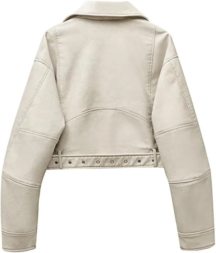 Women Notch Lapel Collar Short PU Leather Jackets With Asymmetric Zipper Fashion Motocycle Biker Leather Jackets