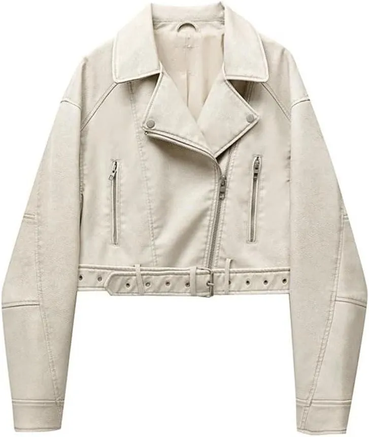 Women Notch Lapel Collar Short PU Leather Jackets With Asymmetric Zipper Fashion Motocycle Biker Leather Jackets