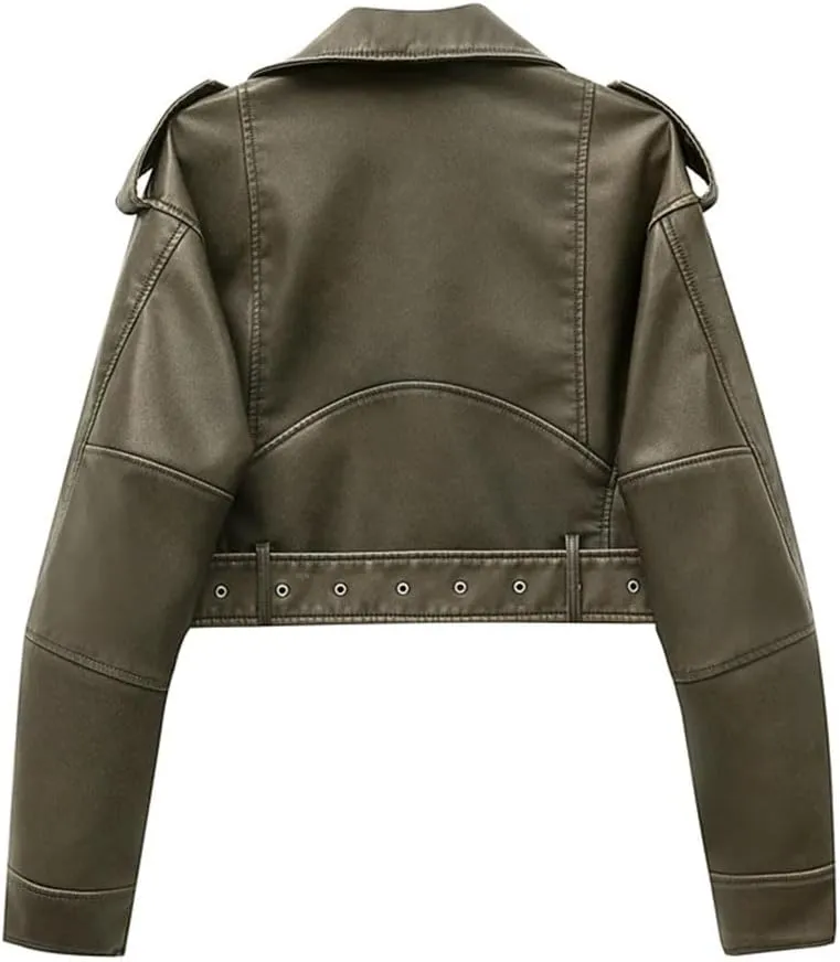 Women Notch Lapel Collar Short PU Leather Jackets With Asymmetric Zipper Fashion Motocycle Biker Leather Jackets