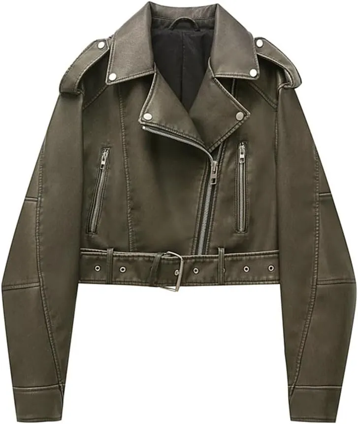 Women Notch Lapel Collar Short PU Leather Jackets With Asymmetric Zipper Fashion Motocycle Biker Leather Jackets