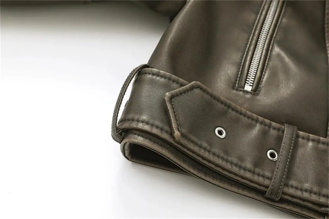 Women Notch Lapel Collar Short PU Leather Jackets With Asymmetric Zipper Fashion Motocycle Biker Leather Jackets